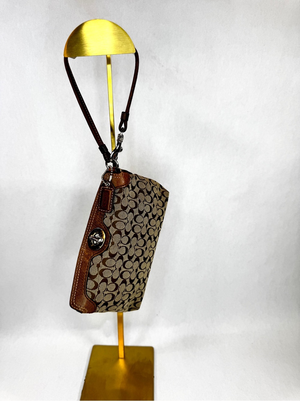 Coach Signature Canvas Turnlock Wristlet Clutch Khaki Brown Leather Trim